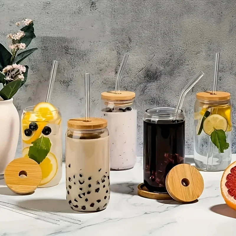 Chic Bamboo-Lid Glass Cups Set